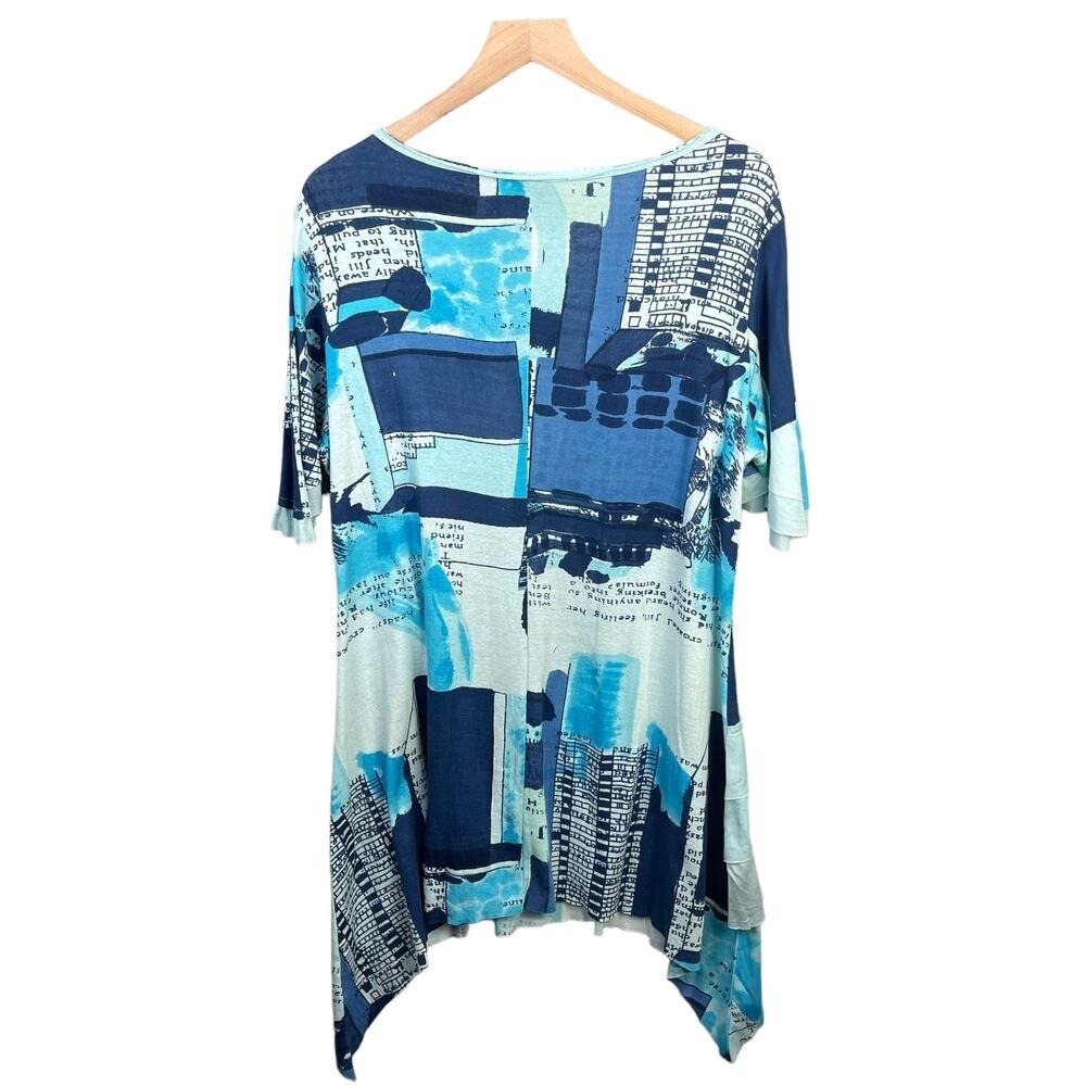 Anuna's Blue Abstract Newspaper Print Ruffle Handkerchief Tunic XL Lagenlook - Picture 3 of 10